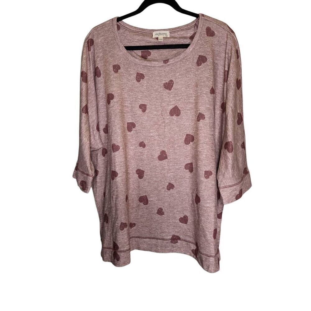NWOT Cha Cha Vente Top Pink with Burgundy Hearts 3/4 Sleeves Round Neck Women's